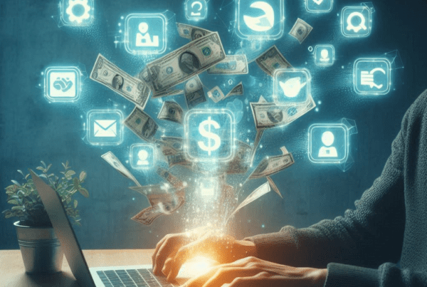 A laptop with dollar bills flying out of the screen, symbolizing making money online.