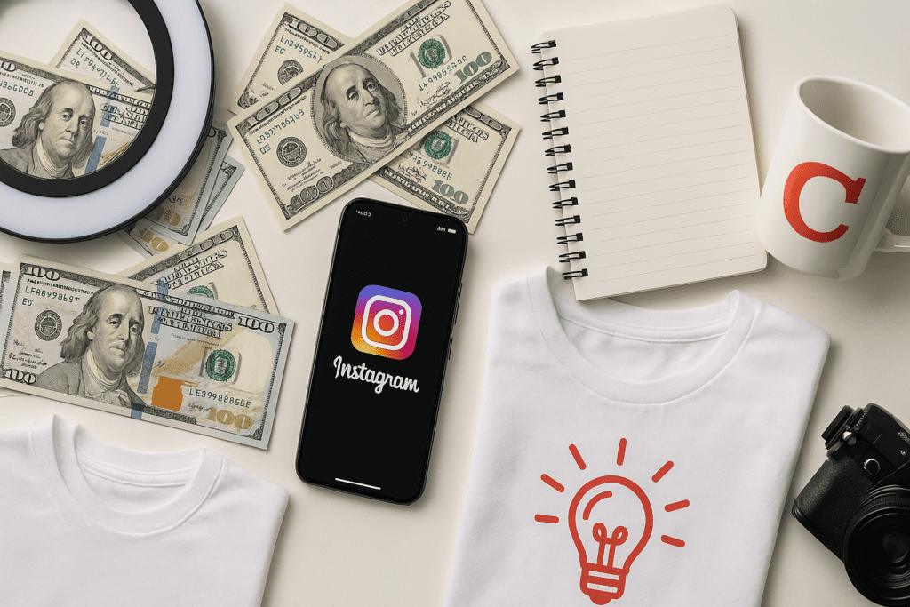 Flat lay of a smartphone on Instagram surrounded by cash, influencer tools, and custom merchandise items.
