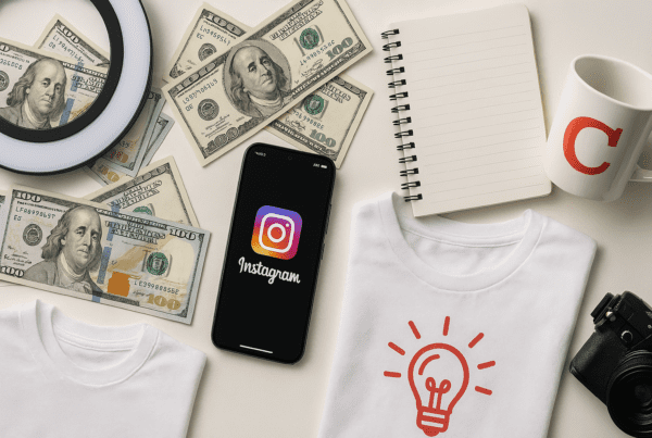 Flat lay of a smartphone on Instagram surrounded by cash, influencer tools, and custom merchandise items.