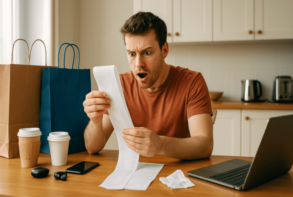 A person sitting at a kitchen table looking surprised at a long receipt, surrounded by everyday purchases.