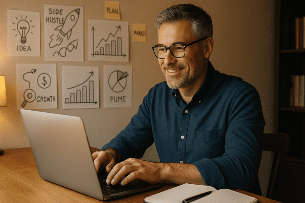 Professional working on side hustle at home with notes and graphs symbolizing career growth