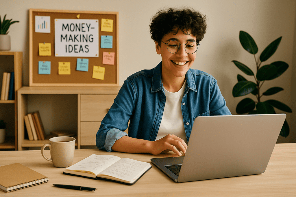 A beginner with a laptop and coffee, looking optimistic while brainstorming income ideas at a cozy desk