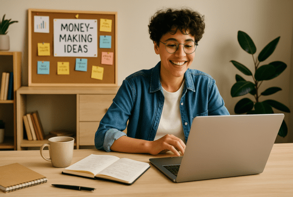 A beginner with a laptop and coffee, looking optimistic while brainstorming income ideas at a cozy desk