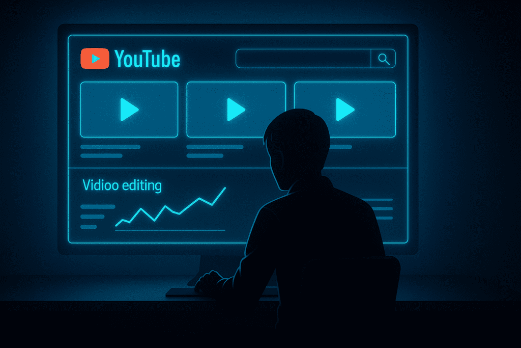 A silhouetted person sits at a desk in a dark, minimal room, facing a large glowing futuristic YouTube interface on a screen. The interface displays faceless video thumbnails and performance graphs, creating a bold, tech-savvy atmosphere.