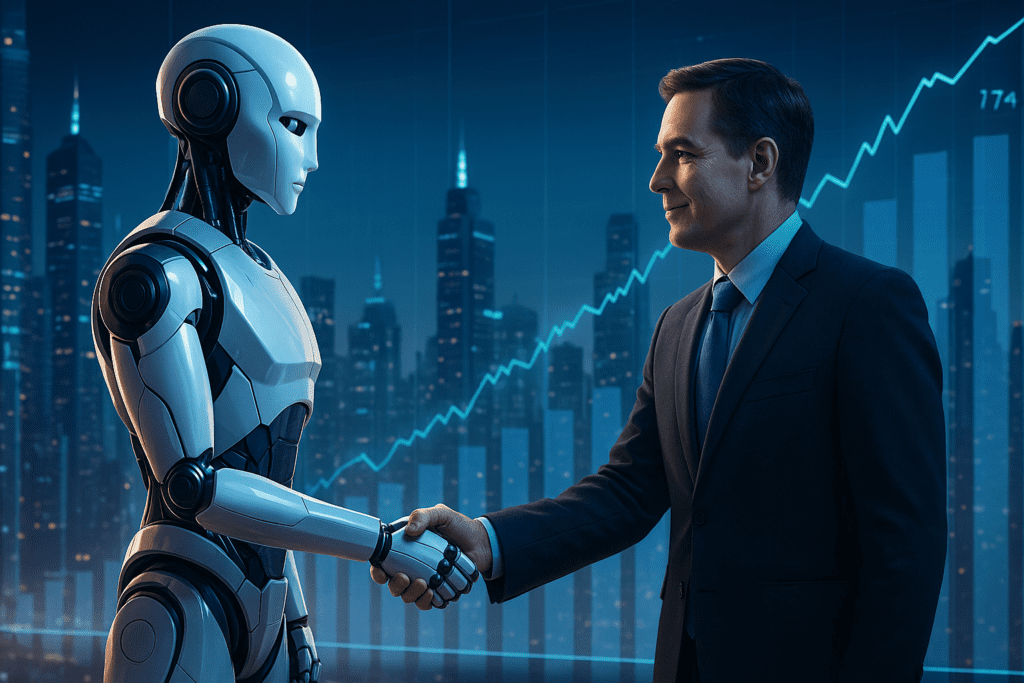 A futuristic humanoid robot shaking hands with a human investor in a high-tech cityscape, symbolizing partnership and future tech investments.