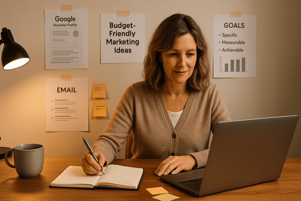 A woman sitting at a modern desk with a laptop and notepad, surrounded by vision boards, budget notes, and cozy lighting. She wears smart-casual attire and appears focused and inspired, representing a creative female entrepreneur planning her business.