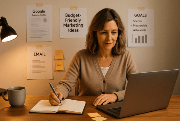 A woman sitting at a modern desk with a laptop and notepad, surrounded by vision boards, budget notes, and cozy lighting. She wears smart-casual attire and appears focused and inspired, representing a creative female entrepreneur planning her business.
