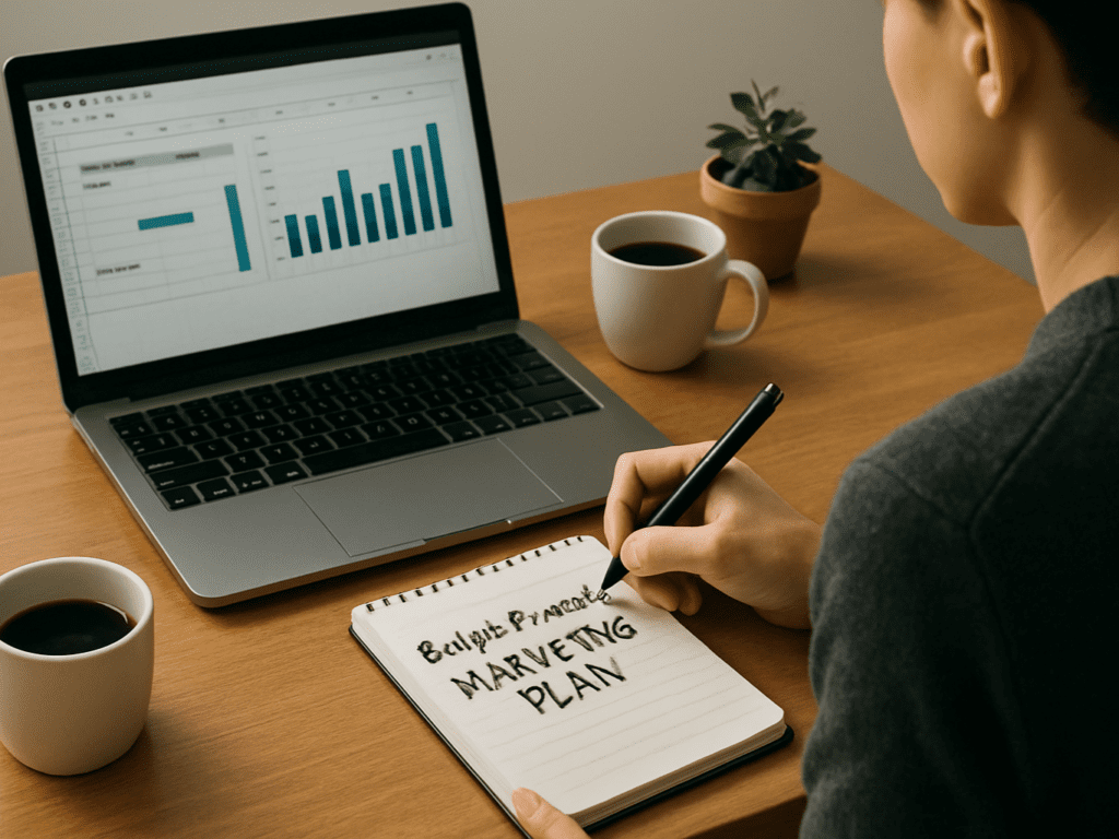 A person working on a laptop creating a budget-friendly marketing plan, with a focus on strategy and content creation during a recession.