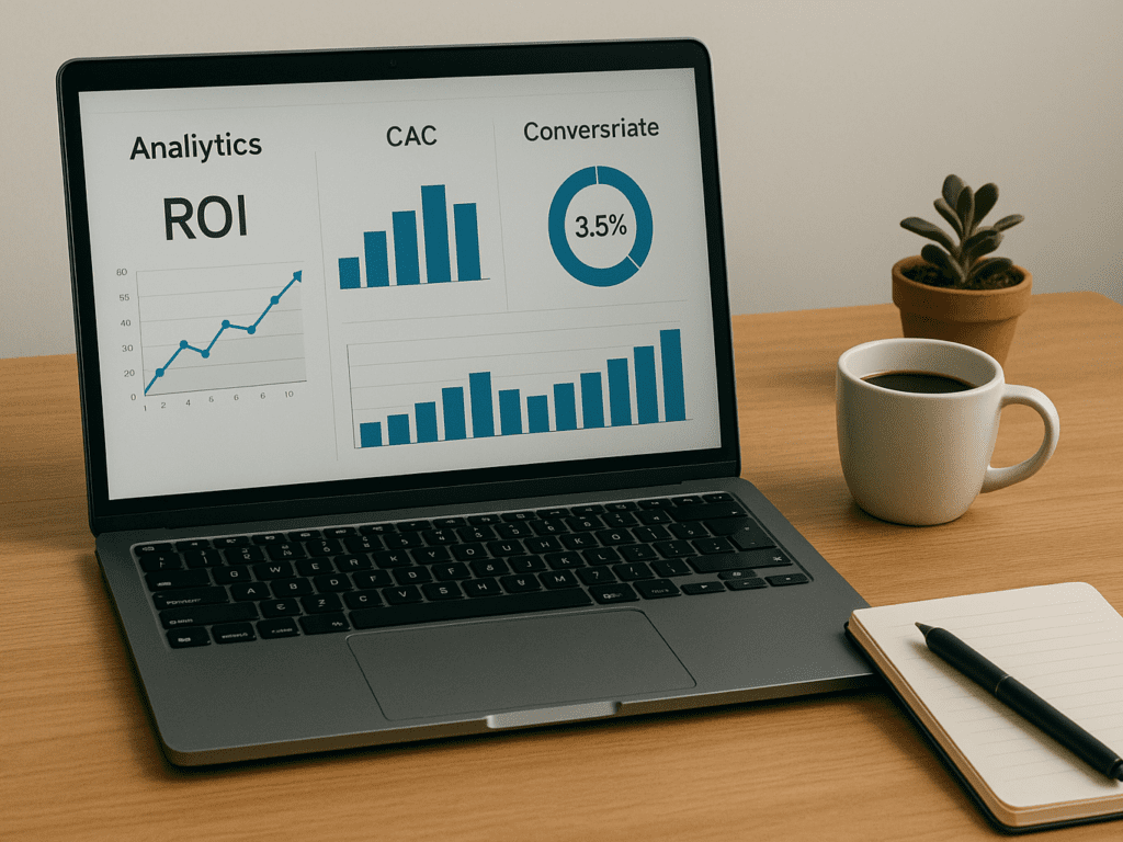 A clean and minimalist office desk with a laptop displaying analytics and marketing metrics like ROI, CAC, and conversion rates. The setup symbolizes tracking marketing success without the need for expensive tools.

