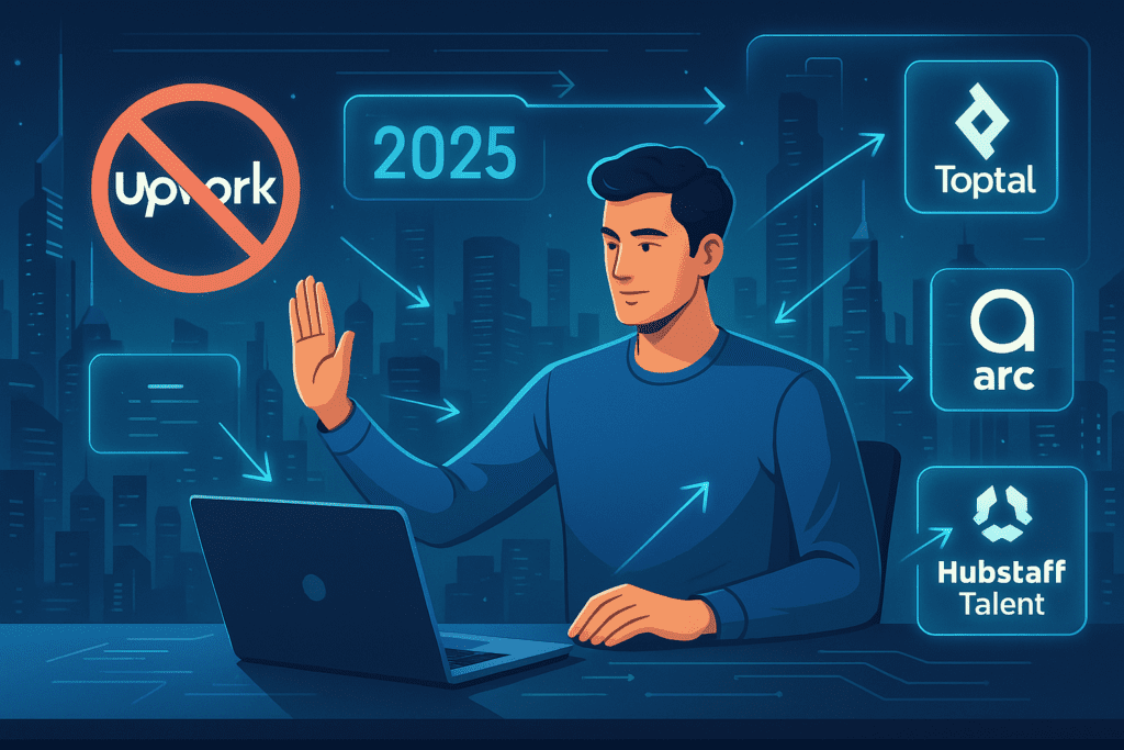 A futuristic freelancer at a desk surrounded by logos of alternative platforms to Upwork, rejecting Upwork in a 2025 cityscape.