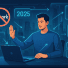 A futuristic freelancer at a desk surrounded by logos of alternative platforms to Upwork, rejecting Upwork in a 2025 cityscape.