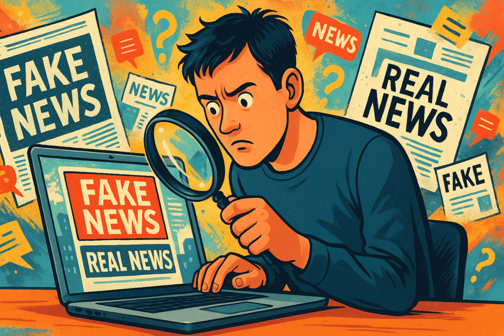 Illustration comparing satire news and fake news, with humor and deception symbols.