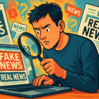 Illustration comparing satire news and fake news, with humor and deception symbols.