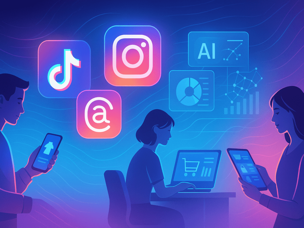 Illustration showing a futuristic digital marketing landscape with social media icons, AI elements, and people shopping online.