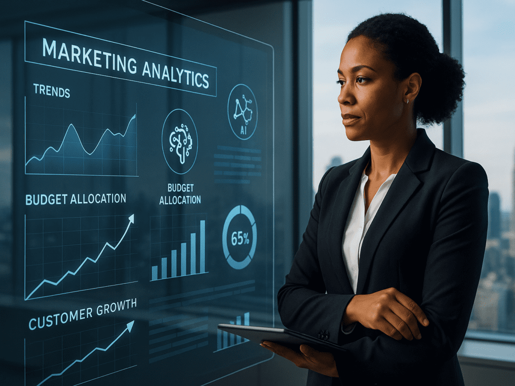 Chief Marketing Officer analyzing 2025 marketing trends on a digital dashboard, balancing innovation, AI adoption, and budget management to align with business goals.