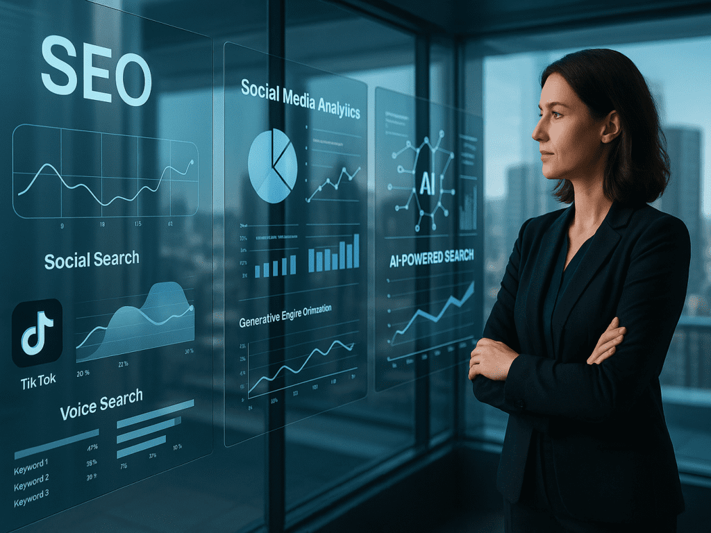 Chief Marketing Officer strategizing SEO in 2025, reviewing search trends across social media, voice search, and AI-driven engines on a futuristic multi-screen digital display.