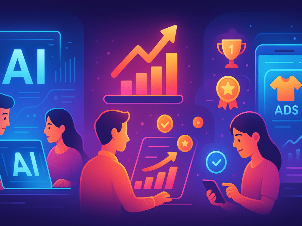  futuristic digital marketing concept showing AI and human collaboration in content creation, refreshed content boosting online engagement, gamified experiences targeting Gen Alpha, and dynamic personalized marketing through first-party data and predictive analytics, vibrant and modern design.