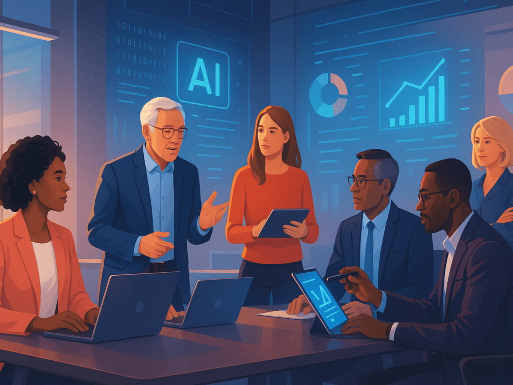 A futuristic office scene showing a marketing team learning AI tools, practicing prompt engineering, and collaborating across disciplines like IT and data science, symbolizing upskilling for the future of digital marketing.

