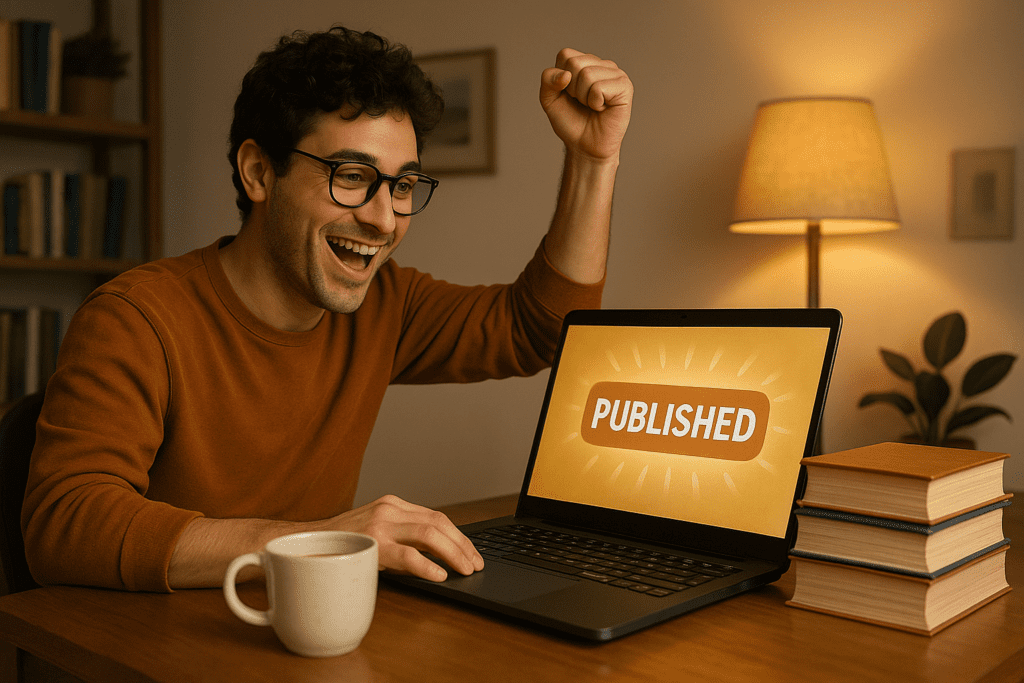 Self-published author working on a laptop with a stack of books beside them, symbolizing success and growth through Amazon KDP self-publishing.