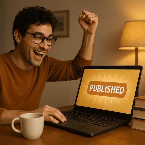 Self-published author working on a laptop with a stack of books beside them, symbolizing success and growth through Amazon KDP self-publishing.