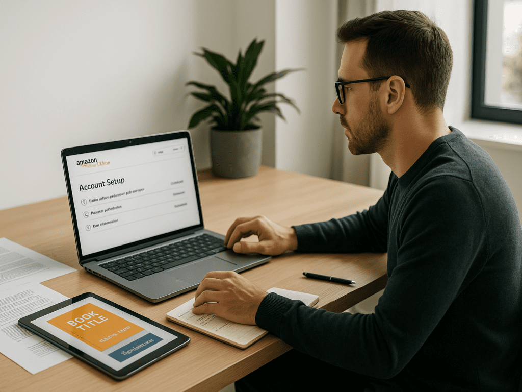 Realistic illustration of a thoughtful self-publisher researching profitable book niches and target audiences for Amazon KDP success, with books, charts, and keyword notes spread across a workspace.