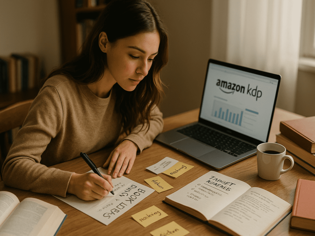 Woman brainstorming book ideas and researching profitable niches for Amazon KDP publishing.