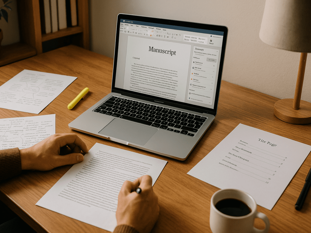 A person preparing their manuscript for publishing, working at a well-organized desk with a laptop, notes, coffee cup, and editing tools. The workspace showcases the steps of outlining, drafting, editing, and formatting a book for Amazon KDP, emphasizing professionalism and structure in the writing process.

