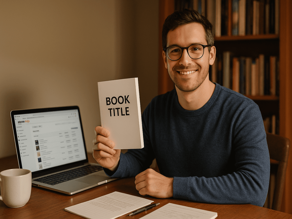 Confident self-published author holding a freshly printed book while working on a laptop, symbolizing success on Amazon KDP, with a bookshelf and a coffee mug in the background, warm and professional atmosphere.
