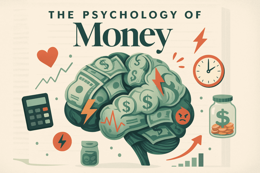 Concept illustration of a brain made of dollar bills and financial icons, representing the psychology behind money decisions.