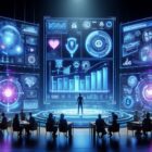 Futuristic digital marketing concept for 2025 showing AI tools, graphs, diverse marketers analyzing data, and vibrant online engagement icons.