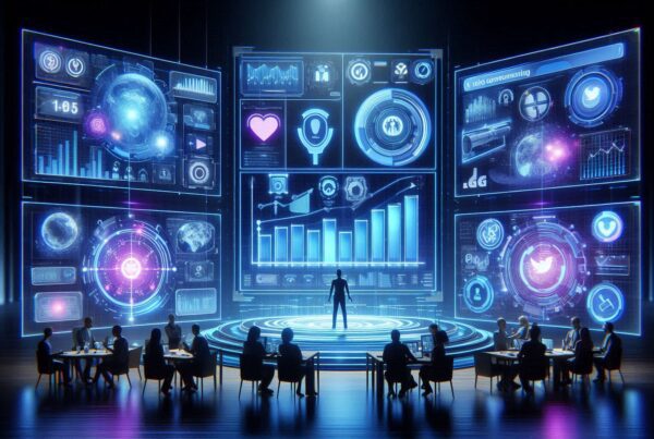 Futuristic digital marketing concept for 2025 showing AI tools, graphs, diverse marketers analyzing data, and vibrant online engagement icons.