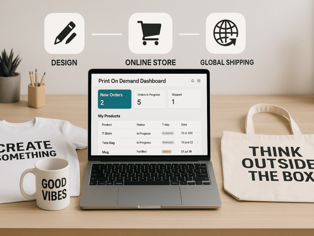A modern workspace showing a laptop with a print-on-demand dashboard open, sample custom products like t-shirts and mugs with original designs, and automation icons connecting design, store, and shipping—symbolizing how the POD model works without inventory.