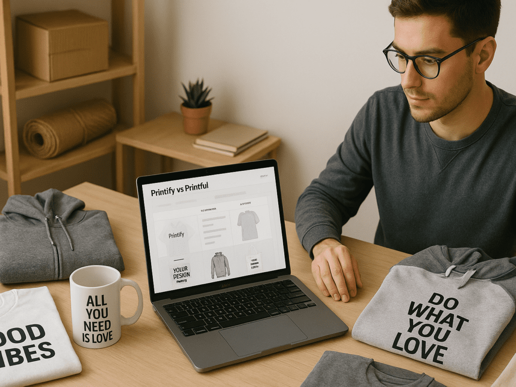 A workspace with a designer reviewing print-on-demand samples like t-shirts, hoodies, mugs, and tote bags on a desk, alongside a laptop showing product catalogs from Printify and Printful—emphasizing careful product selection for a niche store.
