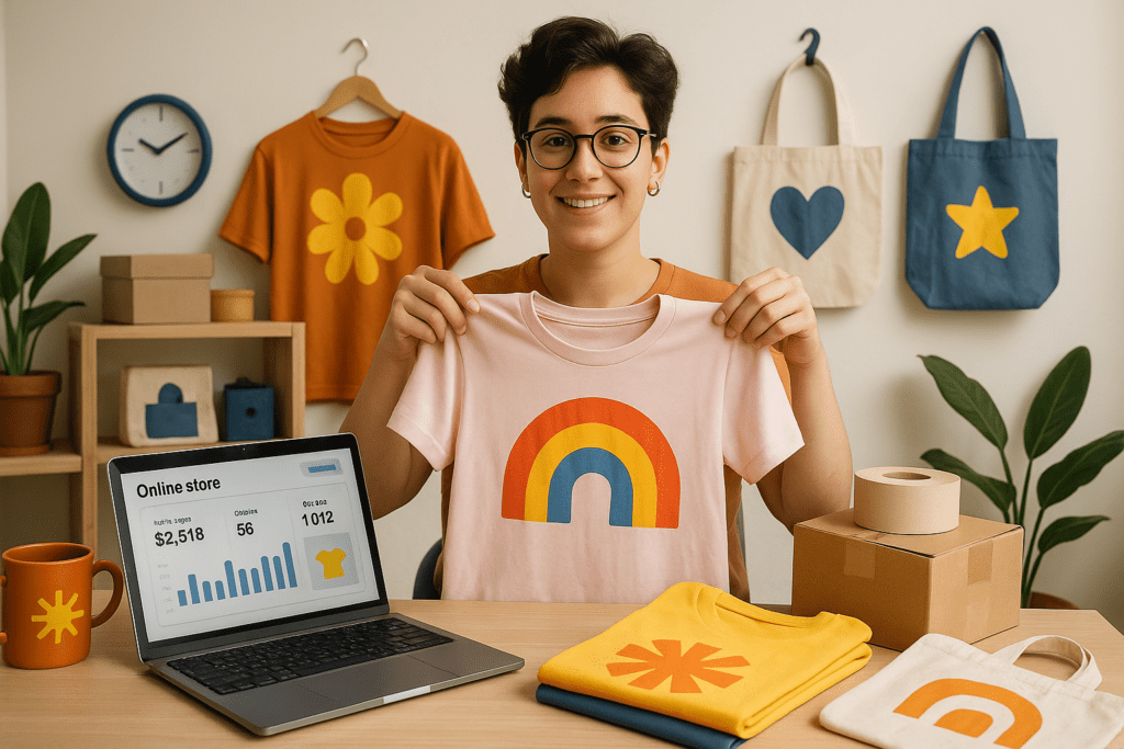 A vibrant flat-lay of custom print-on-demand products like t-shirts, mugs, and tote bags surrounded by design tools like a tablet, color swatches, and packaging materials, symbolizing a creative online business startup.