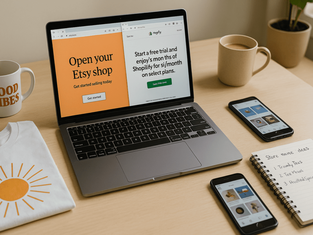 A laptop on a bright desk showing an Etsy and Shopify store setup screen, surrounded by notebooks, coffee, and print-on-demand product samples like a t-shirt and mug—highlighting a budget-friendly home-based business setup.

