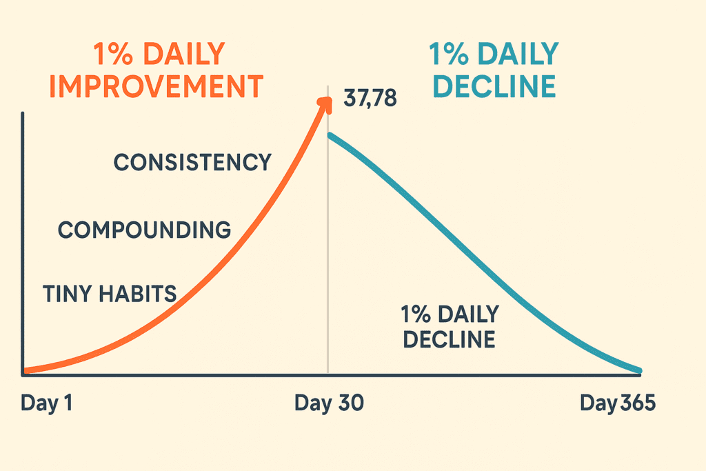 Visual graph showing exponential growth from daily 1% improvements over a year, contrasted with a sharp decline from 1% daily worsening, representing the power of compounding in personal development.

