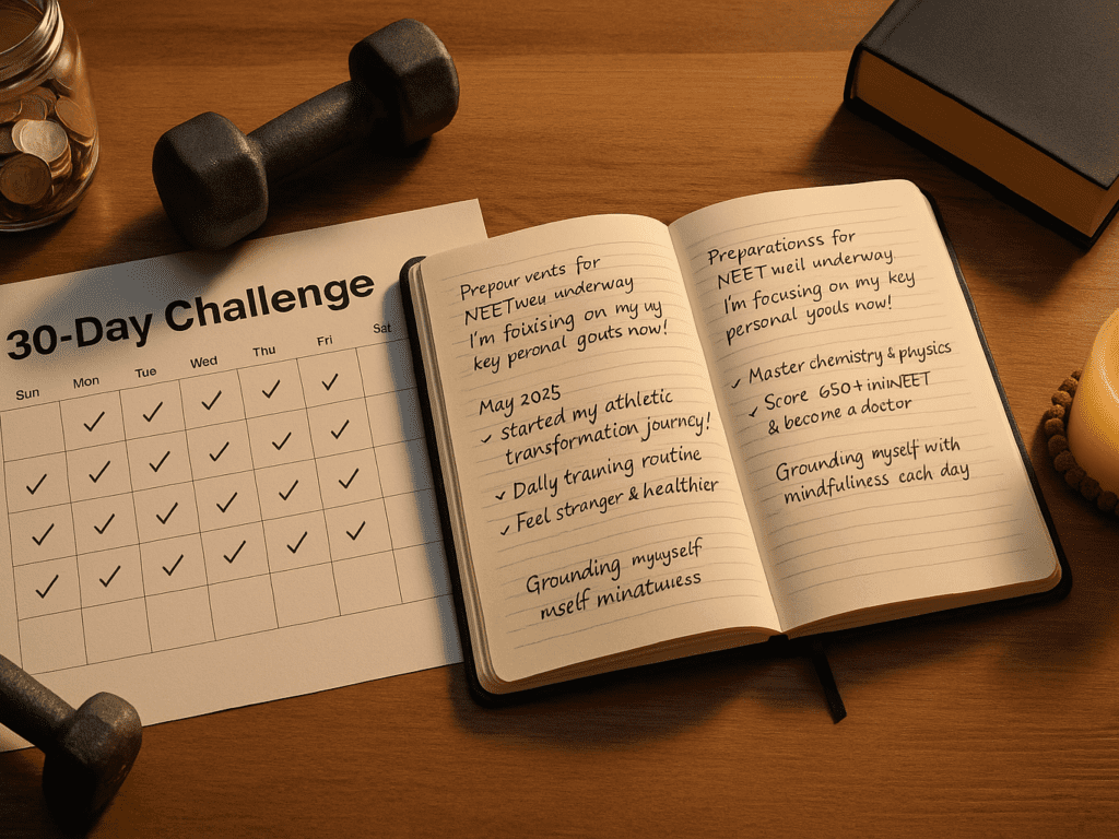 aA30-day challenge calendar with daily progress checkmarks, surrounded by icons representing fitness, reading, saving money, and meditation, symbolizing small daily actions leading to big personal improvements.