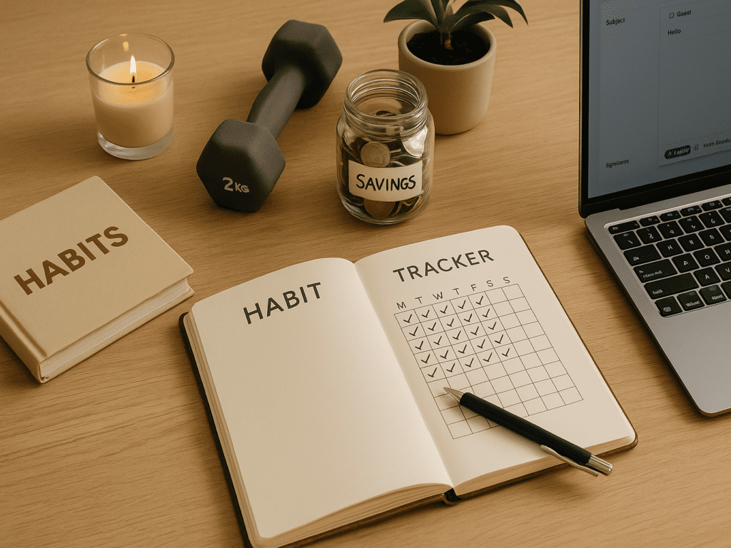 A motivational photo of a workspace with visual elements representing personal growth — an open notebook showing a daily habit tracker, a stack of books, a small dumbbell, a jar of coins, and a laptop with an email draft on screen.